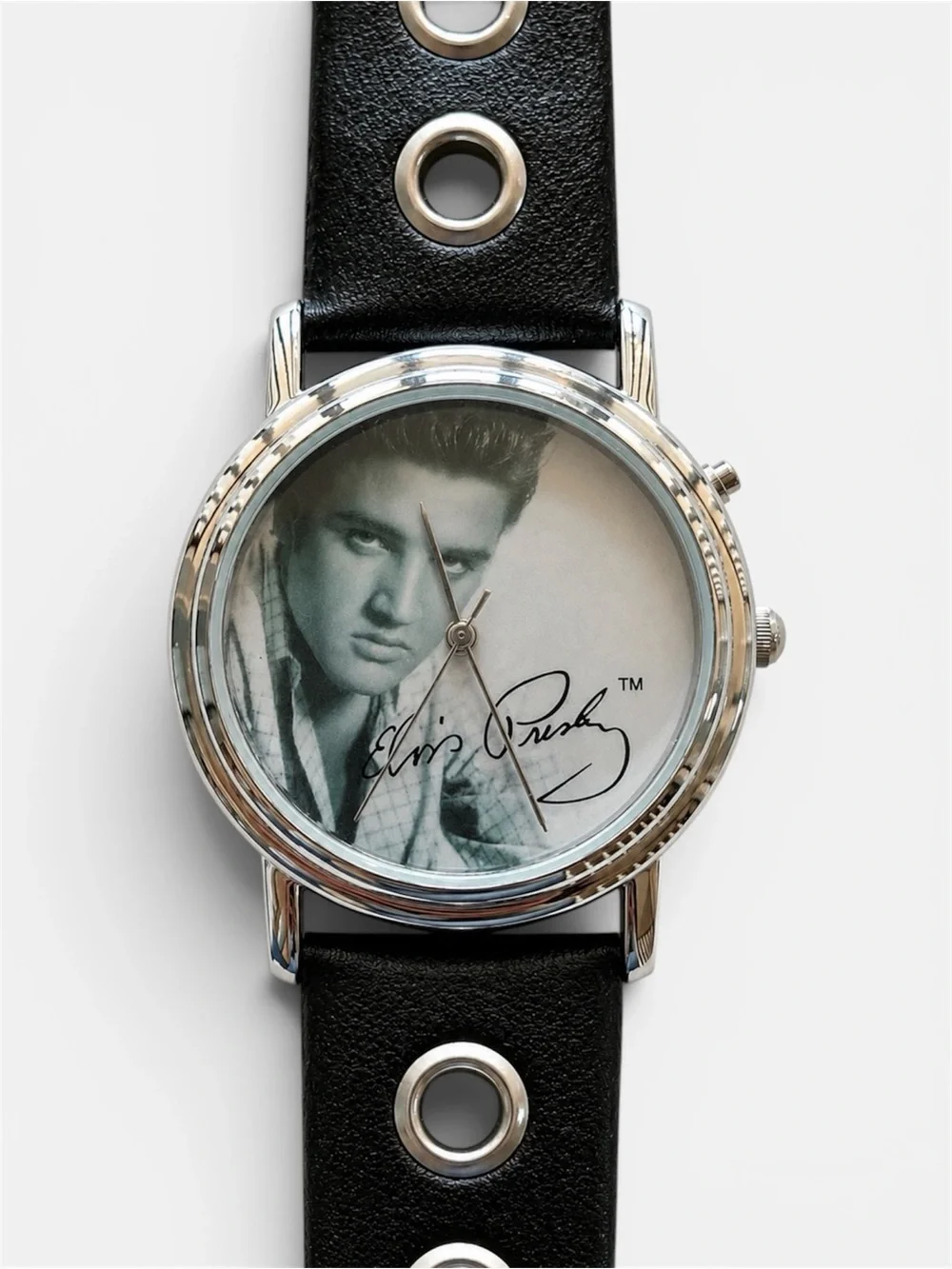 Elvis Presley - Black Leather Strap Silver-Tone Watch with Signature Dial